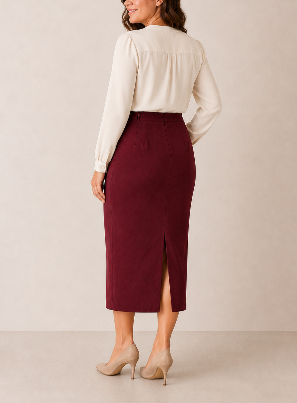 VTG Laura Scott 12P Burgundy Faux Suede Midi Pencil Skirt Back Slit Y2K Classic